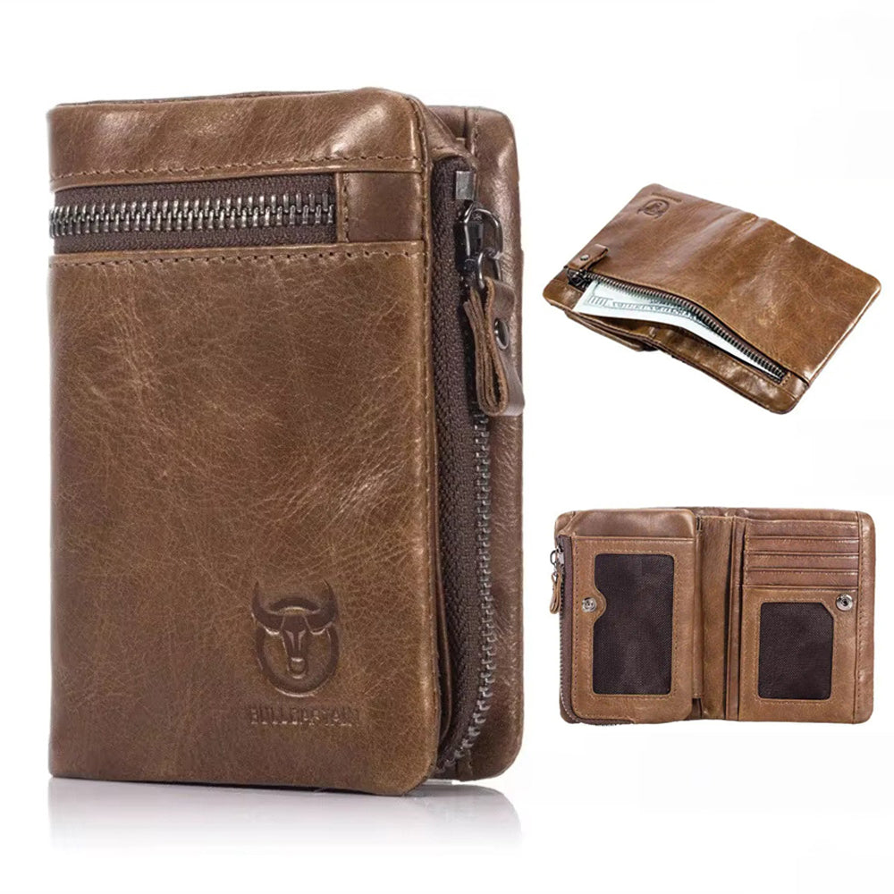 LinkMejor Men's Genuine Leather RFID Wallet Short Trifold Design Hasp Zipper Closure Card Holder Coin Pocket Money Purse