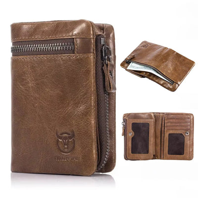 LinkMejor Men's Genuine Leather RFID Wallet Short Trifold Design Hasp Zipper Closure Card Holder Coin Pocket Money Purse