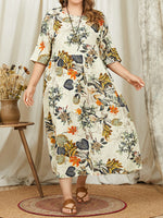 LinkMejor Plus Size Women Beach Long Dress Retro Floral Printed Round Neck Three Quarter Sleeve Pleated Beach Maxi Dresses