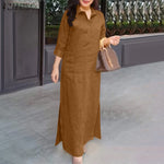 LinkMejor Women's Dresses Turn-Down-Collar 3/4 Sleeve Elegant Office Side Split Plain Maxi Shirt Dress