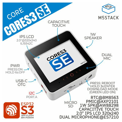 M5Stack CoreS3 SE ESP32-S3 Xtensa LX7 Smart Touch Controller 2 Inch IPS High Performance WIFI IoT Development Module