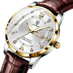 LinkMejor Luxury Rhinestone Business Men Quartz Watch Calendar Week Luminous Pointer Leather Strap Waterproof Wristwatch