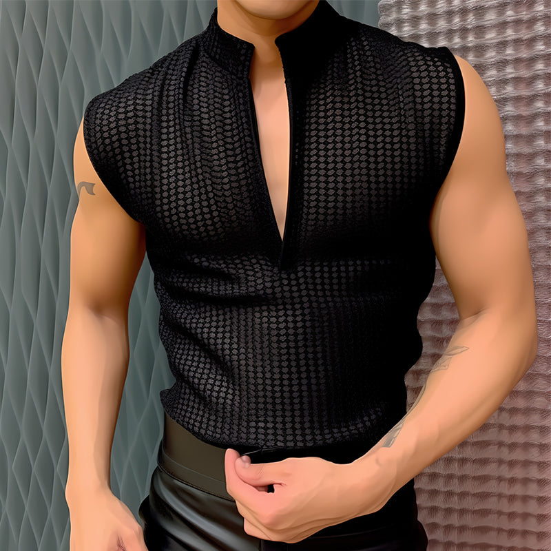 LinkMejor Mens Textured V-Neck Sleeveless Tank Micro Sheer Comfortable Breathable Vest