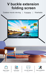 100/120 Inch V Buckle Extension Portable Projector Screen 16:9 4K Compatible 160° Wide Viewing Angle HD Outdoor Indoor Easy Setup Washable Projection Screen for Home Theater Backyard