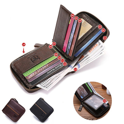 LinkMejor Men's Genuine Leather Wallet Horizontal Zipper Multi-card Design Business Card Holder Driver's License Money Clip