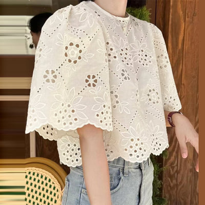 LinkMejor Elegant Style Womens Vintage Casual Cotton Crop Shirts Top Vacation Crew Neck Hollow Embroidery Blouses