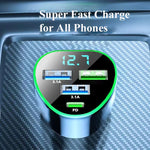 350W 4-Port USB PD Car Charger Adapter 3USB-A+USB-C Fast Charging with Blue LED for iPhone 16 15 14 13 Pro for Huawei Nova Flip for Xiaomi Civi 4 Pro for Samsung Galaxy Z Flip6