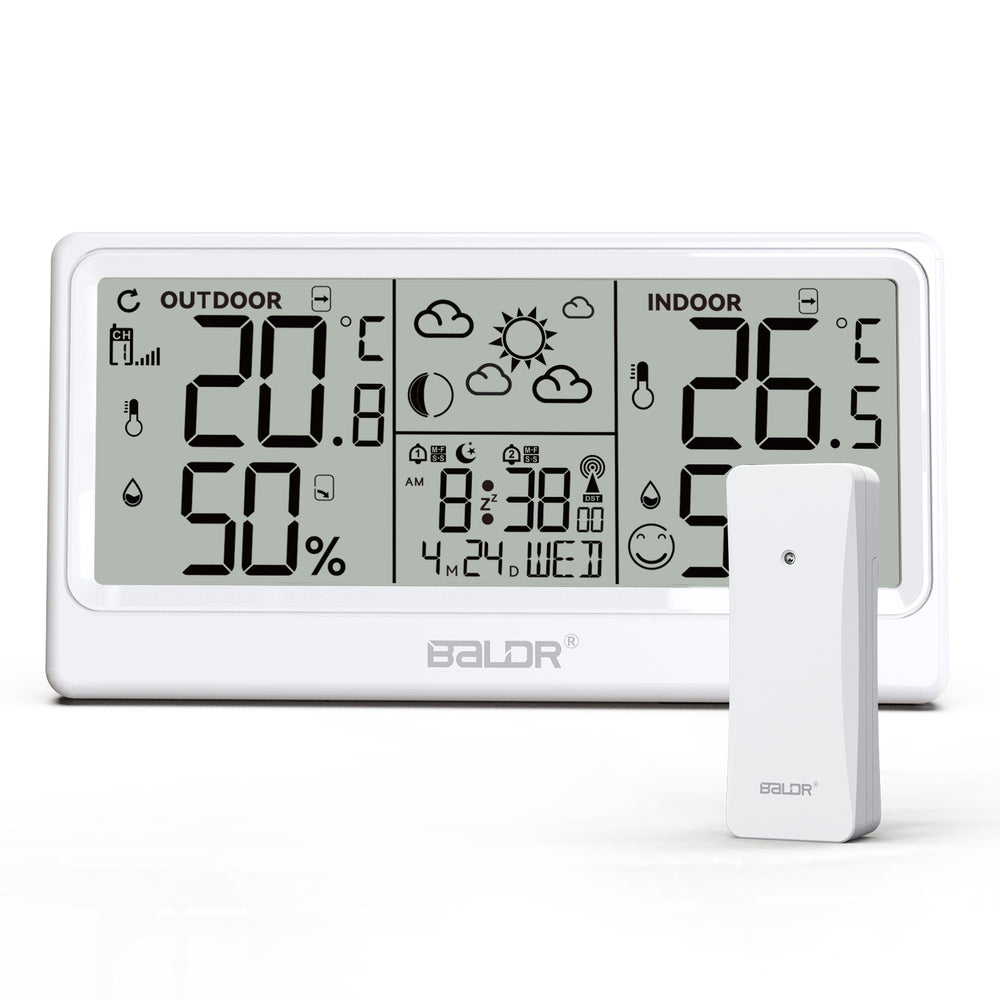 LinkMejor 8.5" LCD Screen Weather Station RCC Alarm Clock Digital Temperature Humidity Meter Weather Forecast Calendar Moon Phases Wireless Forecast Sensor