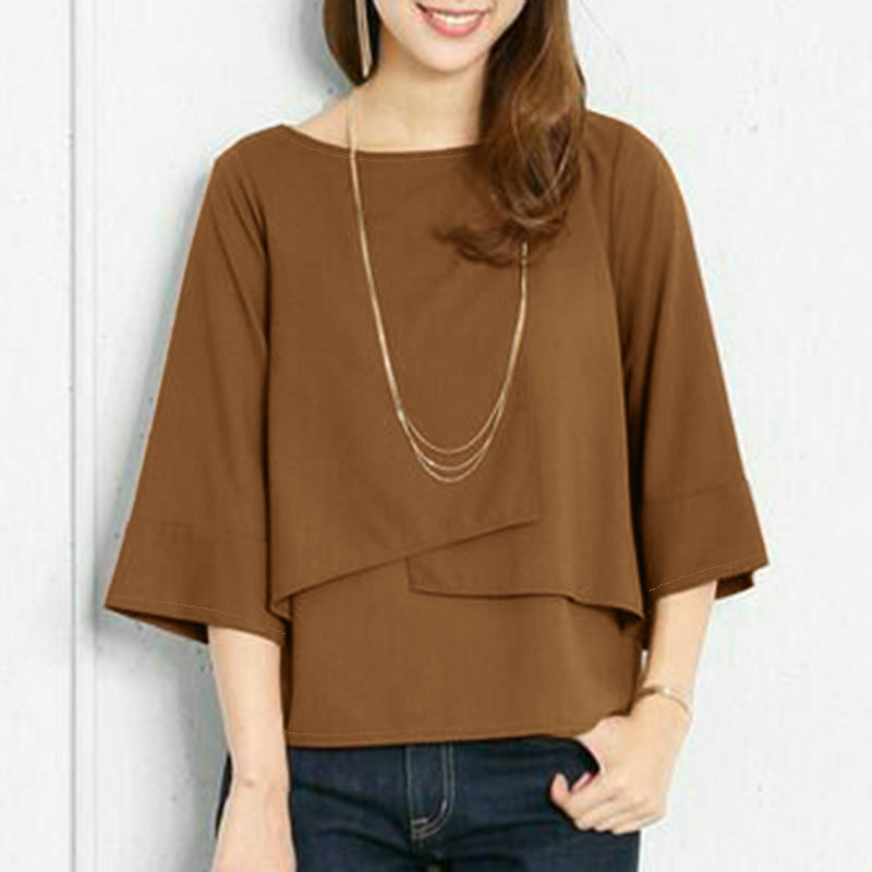 LinkMejor Elegant Style Women's Blouse Round Neck Half Sleeve Double Layer Casual Shirt Fashion Pullover Top