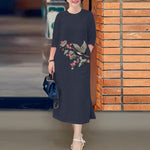 LinkMejor Women's Dresses Vintage Casual 3/4 Sleeve Round Neck Dress Floral Embroidery Split Shift Dresses