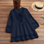 LinkMejor Women's Shirt Solid Lace Blouse Eyelet Lace Patchwork 3/4 Length Sleeve Top Summer Daily Casual Shirts