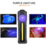 Magnetic COB Work Light With UV / Yelllow Auxiliary Light, USB Rechargeable Portable LED Flashlight 4 Lighting Modes Emergency Handle Torch Repair Lamp