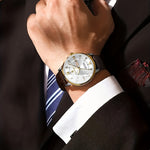 LinkMejor Luxury Rhinestone Business Men Quartz Watch Calendar Week Luminous Pointer Leather Strap Waterproof Wristwatch