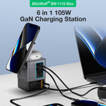 [GaN Tech]LinkMejor BW-i116 Max 105W 6-in-1 Power Combo Desktop Charger Station with Built-in Dual Telescopic Type-C Cable + USB-A+USB-C + 2-in-1 Wireless Charger for Smart Phones for iPhone 16 16 Pro 15 14