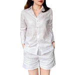 LinkMejor Women's 2pcs Suits Vintage Casual Long Sleeve Lapel Shirt Elastic Waist A-Line Shorts Cotton Linen Sets