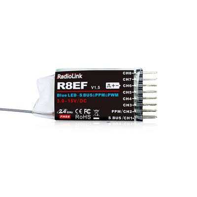 RadioLink R8EF 2.4GHz 8CH Long Distance PWM PPM SBUS RC Receiver for T8FB T8S RC Transmitter RC Airplane Car Boat