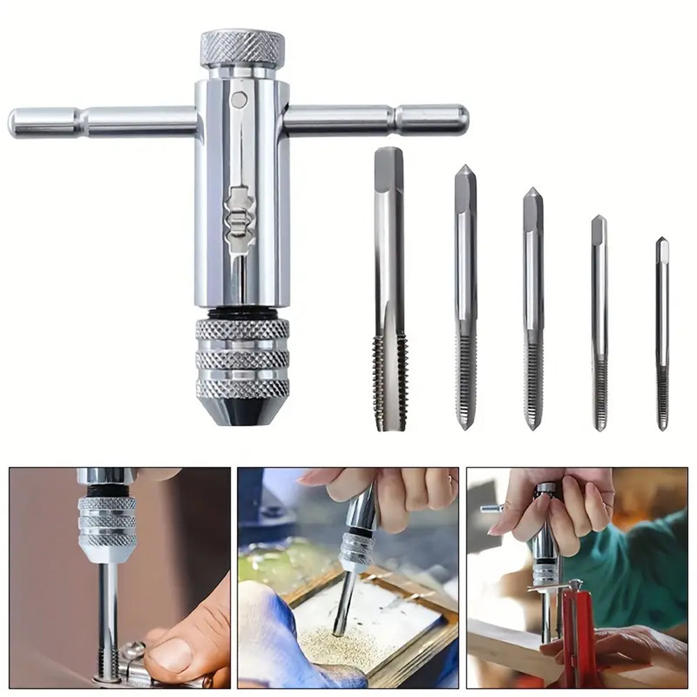 Adjustable T-Handle Ratchet Tap Wrench with 5pcs Metric Tap Set M3-M8 Sturdy Steel Ideal for Metal Wood Plastic Aluminum