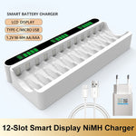Battery Charger 12 Slot 1.2V AA /AAA NiMH Rechargeable Batteries with LCD Display EU Plug USB Type-C Multi Protection