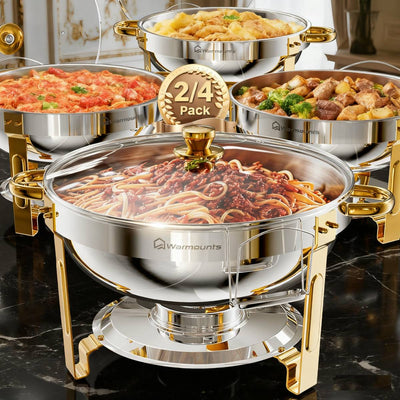 LinkMejor Gold Chafing Dish Buffet Set 2/4/6 Pack, 5QT Round Stainless Steel Chafers and Buffet Warmers Sets with Glass Lid & Lid Holder for Parties Catering Events, Polished & No Finger Cuts