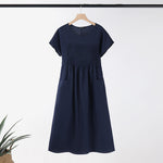 LinkMejor Women Short Sleeve Pleated Party Long Dress Casual Loose Sundress Maxi Dress with Pockets
