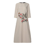 LinkMejor Women's Dresses Vintage Casual 3/4 Sleeve Round Neck Dress Floral Embroidery Split Shift Dresses