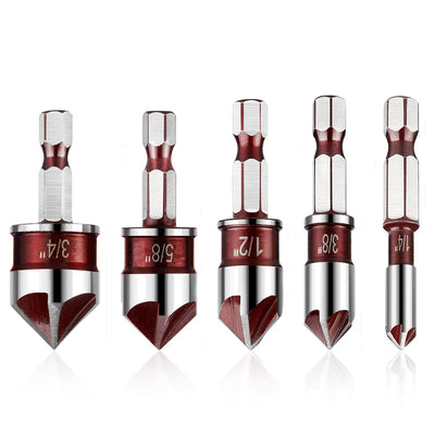 5Pcs Drill Bit Set Premium Countersink Drill Bit with 82-Degree 5 Flutes Quick-Change Hex Shank 1/4 Inch to 3/4 Inch Size for Wood Metal Plastic