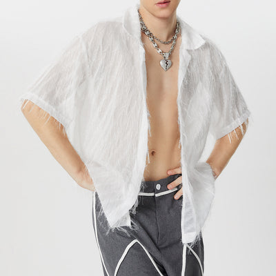 INCERUN Mens Shirts Fringed Chiffon White Shirt V-neck Lapel Short Sleeve Shirt Solid Color Men Clothing