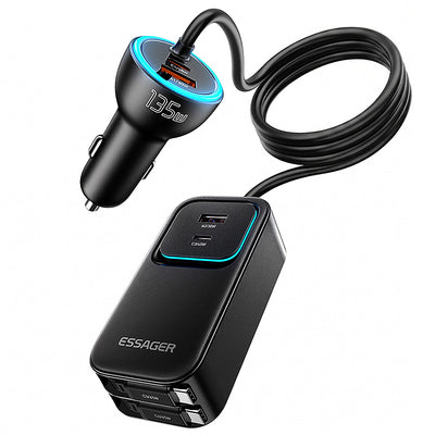 LinkMejor F789 135W Rear-Seat Car Charger with Retractable Cables 2USB-A+2Type-C+2Type-C Retractable Cables Support QC2.0/3.0/4.0 PD3.0 AFC PPS SCP FCP Fast Charging for iPhone 17 17Pro 16 Pro Max 15 14 13 for Huawei Mate XTs for OPPO for VIVO