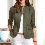 LinkMejor Womens Fashion Button Down Front Side Pocket Outwear Casual Long Sleeve Stand Collar Jackets
