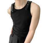 LinkMejor Mens Tank Top Fashion Leather Shoulder Strap Design Solid Color Knitted Vest Summer Sleeveless Men's Undershirts