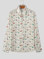 LinkMejor Mens Shirt Butterflies Print Tassel Shirts Fashion Party Long Sleeve Lapel Top Summer Casual Male Clothing Shirts
