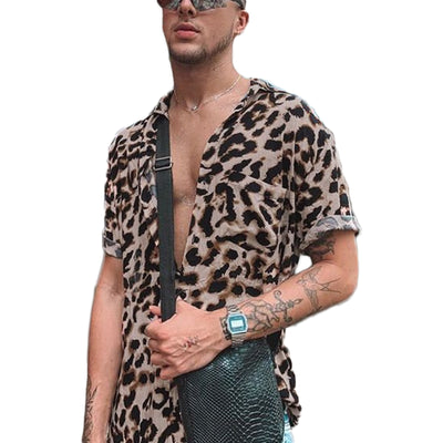 LinkMejor Summer Leopard Print Shirts Fashion Men Short Sleeve Lapel Shirt Casual Floral Blouse Men Hawaiian Beach Tops