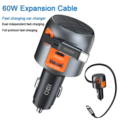 LinkMejor IBD358 1U2C 60W PD30w QC30W 3-in-1 USB Car Charger Retractable Cable Multi-Port  Fast Charging USB Type C Charger for Mobile Phone