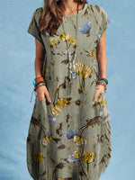 Plant Print Pocket Short Sleeve Casual Midi Dress