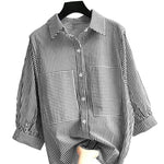 LinkMejor Women's Striped Shirt Summer 3/4 Sleeve Lantern Sleeve Front Pockets Casual Blouse Top