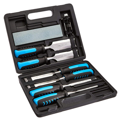 8-Piece Wood Carving Chisel Set Chromium-Vanadium Steel Blades Wood Handles Sharpening Stone and Honing Guide for Woodworking