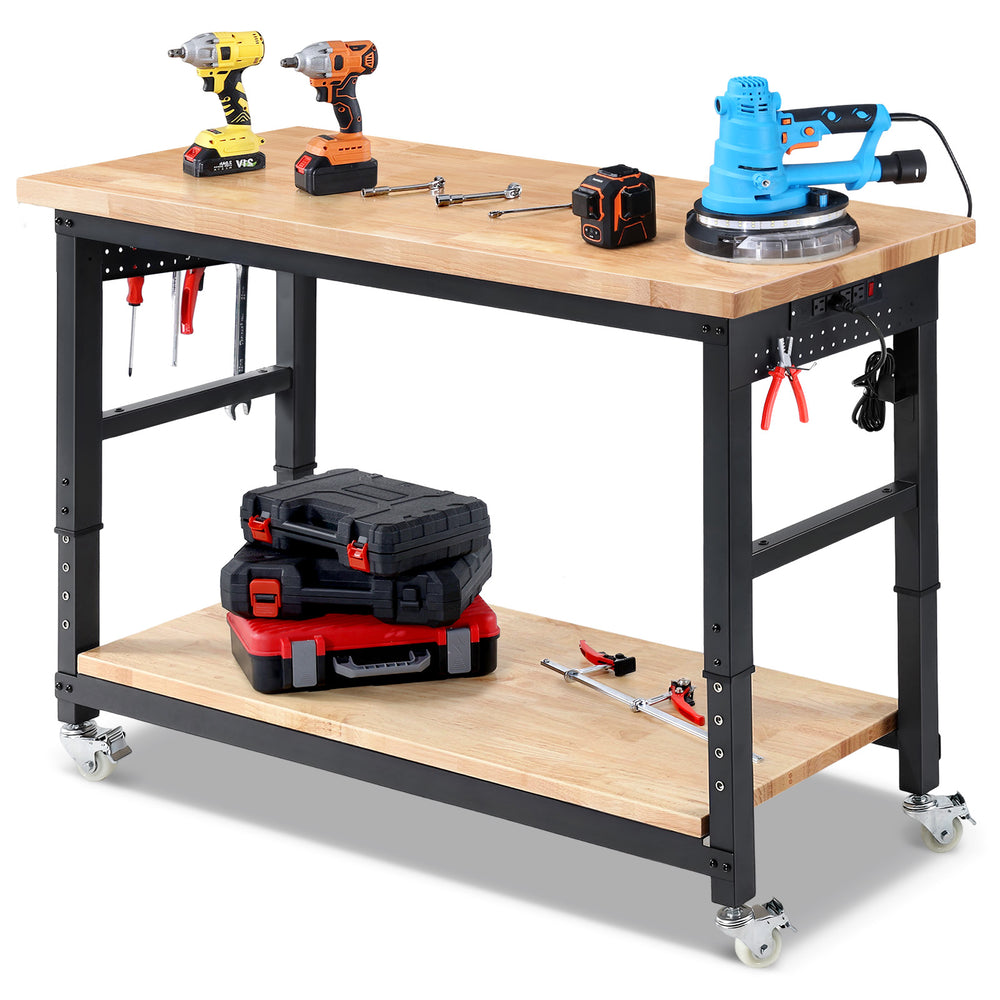 LinkMejor Adjustable Height Workbench 60 Inch 2000 Lbs Capacity Rubberwood Top Storage Shelf Dual Pegboards Built-In Power Strip H-Frame Garage Work Table