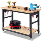 LinkMejor Adjustable Height Workbench 60 Inch 2000 Lbs Capacity Rubberwood Top Storage Shelf Dual Pegboards Built-In Power Strip H-Frame Garage Work Table
