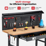 LinkMejor 60-Inch Adjustable Workbench With Pegboard Rubberwood Top LED Light Power Strip Drawer 2000 Lb Capacity Casters And Leveling Feet Garage Workshop Table