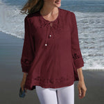 LinkMejor Women's Shirt Solid Lace Blouse Eyelet Lace Patchwork 3/4 Length Sleeve Top Summer Daily Casual Shirts