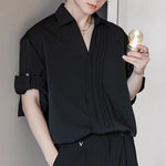 LinkMejor Mens Asymmetrical Pleated Short Sleeve Shirt Casual Solid Color Lapel Top for Male
