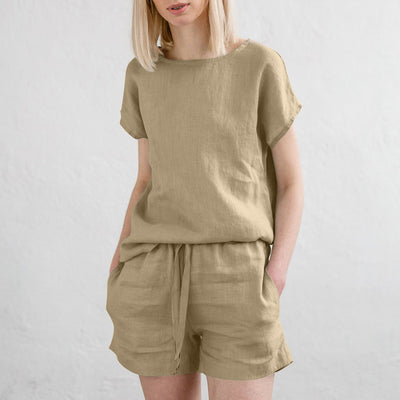LinkMejor Plus Size Women Cotton Linen Two Set Solid Elastic Waist Pocket Short Sleeve Blouses and Short Casual Summer Two-Piece Set