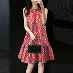 LinkMejor Women Floral Print Party Dress with Mermaid Hem and Ruffle Hem, Fashion Sleeveless Loose Fit Midi Dress Plus Size