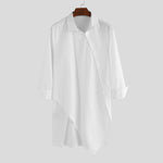 Men Solid Color Asymmetric Hem Long Sleeve Lapel Collar Shirt