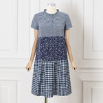LinkMejor Women Loose Patchwork Check Floral Dress Stylish Short Sleeve Pleated Crew Neck Shirt Dress for Women Plus Size