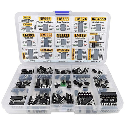 150 Pcs IC Chip Assortment Kit Opamps Oscillator PWM NE555 LM358 LM324 TDA2030 UC3842 ULN2003 with Sockets and Adapter for Electronics DIY Projects