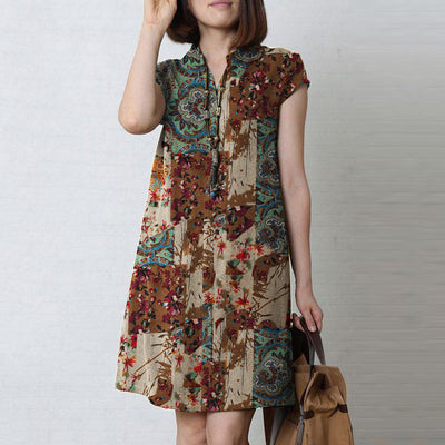LinkMejor Women Bohemian Floral Printed V-Neck Cotton Dress Holiday Casual Short Sleeve Sundress