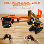 HuiNa Toys 1319 RTR 1/24 2.4G 9CH RC Car Excavator Flat Trailer Flatbed Semi Truck Remote Control Simulation Sound LED Light Engineering Construction Vehicles Models Children's Birthday Gift for Boys