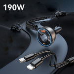 2-in-1 190W Car Lighter Charger Fast Charging with Retractable Data Cable Car Charge Adapter Socket USB Converter