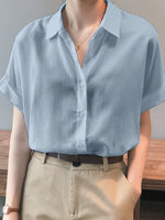LinkMejor Women Cotton Linen Blouses Solid Button Lapel Roll Sleeve Short Sleeve Casual Shirt Plus Size